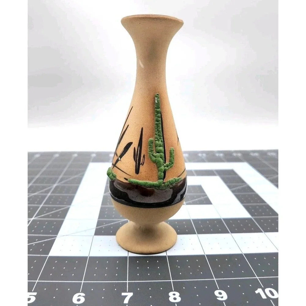 Southwestern Pottery Bud Vase Artist Signed Betty Selby Raised Cactus Design